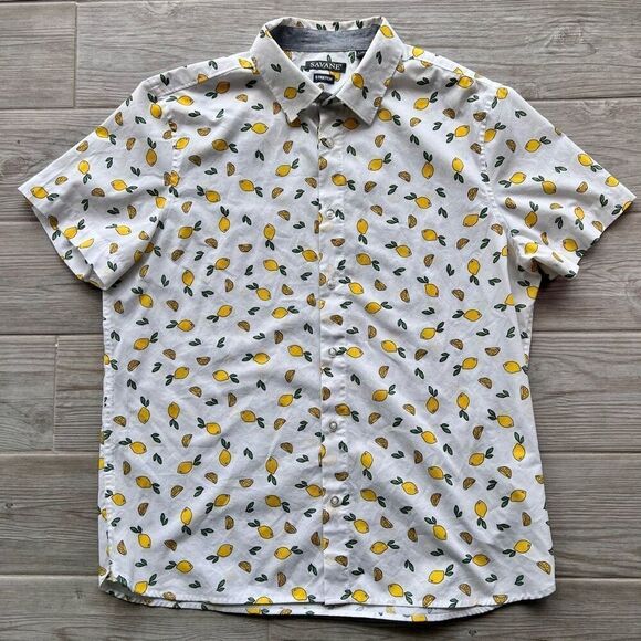Savage by‎ Perry Ellis Lemon short sleeve button down Stretch shirt size Large - Picture 1 of 6
